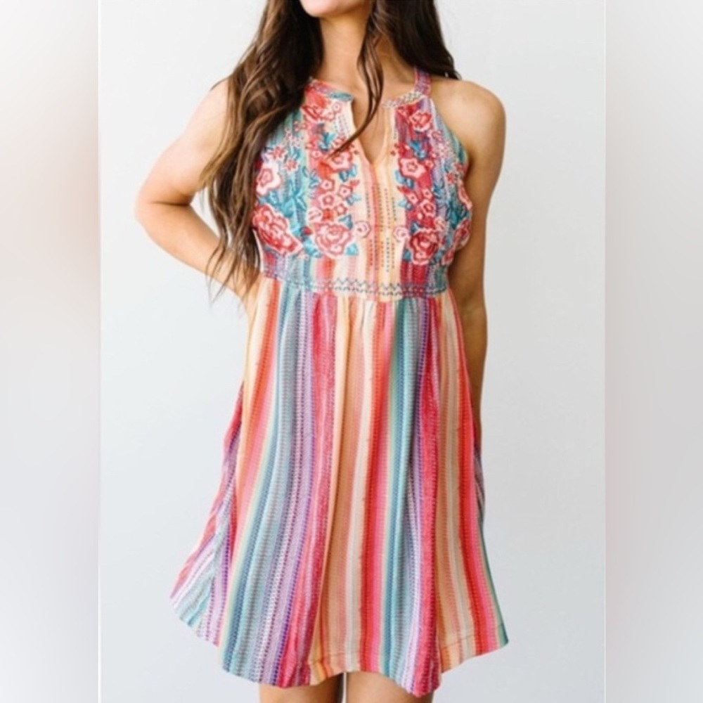 Savanna Jane Colorful Striped‎ Embroidered Dress